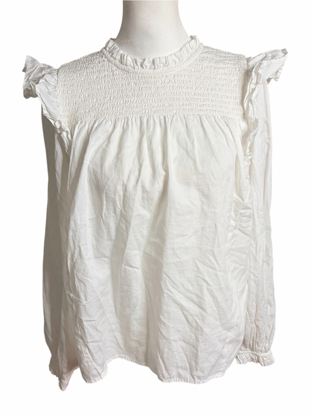 GAP White Smocked Ruffle Shoulder Blouse